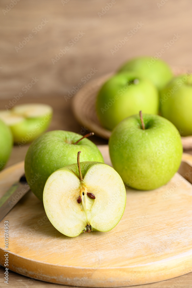 Green apple fruit on cutting wooden board, Healthy fruit Green apple fruit on cutting wooden board, Healthy fruit