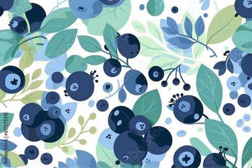 Blueberry and leaves pattern  in the style of anime aesthetic  clean and simple designs. Generative ai