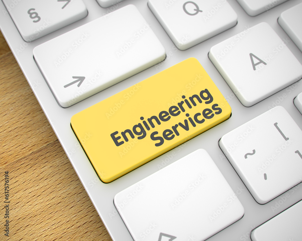 Engineering Services Written on Yellow Keypad of White Keyboard. Close Up View on the Modern Laptop Keyboard - Engineering Services Yellow Button. 3D Render.