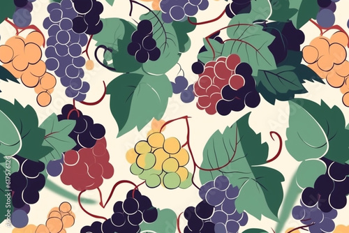 grapes and leaves pattern, in the style of anime aesthetic, clean and simple designs. Generative ai