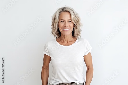 Happy mature woman looking at camera and smiling while standing against white background photo