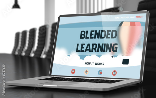 Closeup Blended Learning Concept on Landing Page of Laptop Screen in Modern Meeting Room. Blurred Image with Selective focus. 3D Illustration.