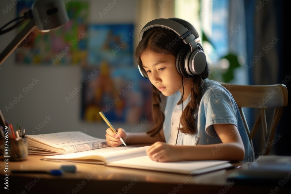 Young Asian homeschool girl takes virtual internet class from teacher at school by teleconferencing due to covid pandemic using headphones. Young Asian homeschool girl takes virtual internet class from teacher at school by teleconferencing due to covid pandemic using headphones.