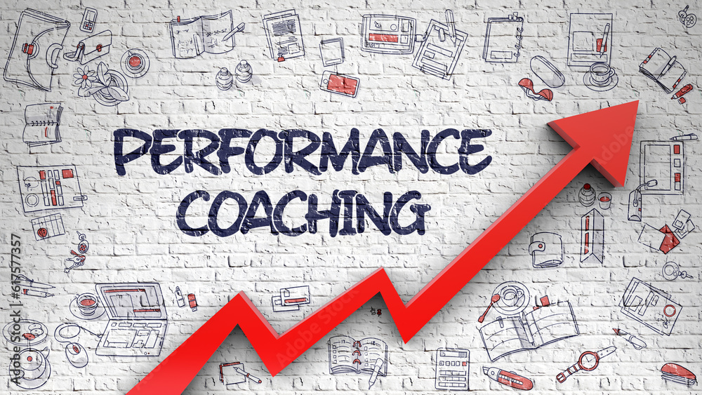Brick Wall with Performance Coaching Inscription and Red Arrow. Enhancement Concept. Performance Coaching - Improvement Concept with Doodle Icons Around on Brick Wall Background. 3d.