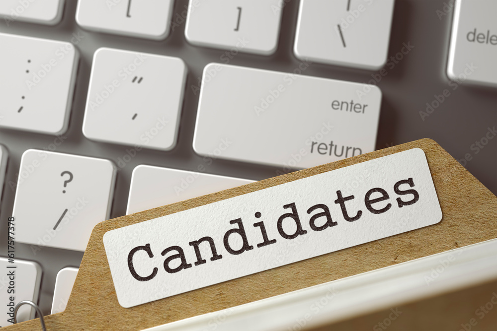Candidates Concept. Word on Folder Register of Card Index. Archive Bookmarks of Card Index on Background of White Modern Computer Keypad. Closeup View. Selective Focus. Toned Image. 3D Rendering. Candidates Concept. Word on Folder Register of Card Index. Archive Bookmarks of Card Index on Background of White Modern Computer Keypad. Closeup View. Selective Focus. Toned Image. 3D Rendering.