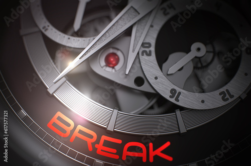 Break - Mechanical Wristwatch with Visible Mechanism and Inscription on the Face. Men Wrist Watch with Break on the Face, Symbol of Time. Time Concept with Lens Flare. 3D Rendering.