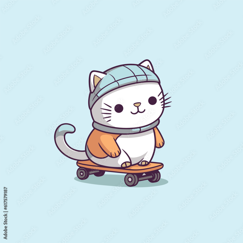 Obraz premium cute cat playing skateboard summer sport vector illustration