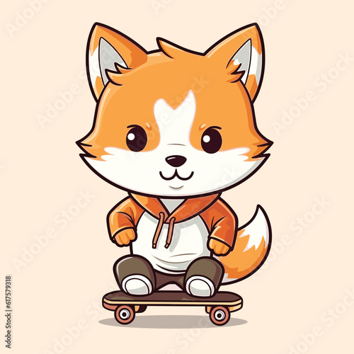 cute fox playing skateboard summer sport vector illustration
