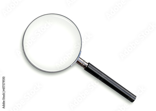 Magnifying glass in a metal frame with black plastic handle on white background