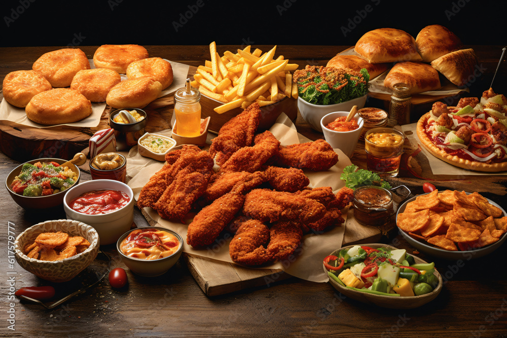 large table of assorted take out food such as pizza, french fries, onion rings, fried chicken and chicken wings 
