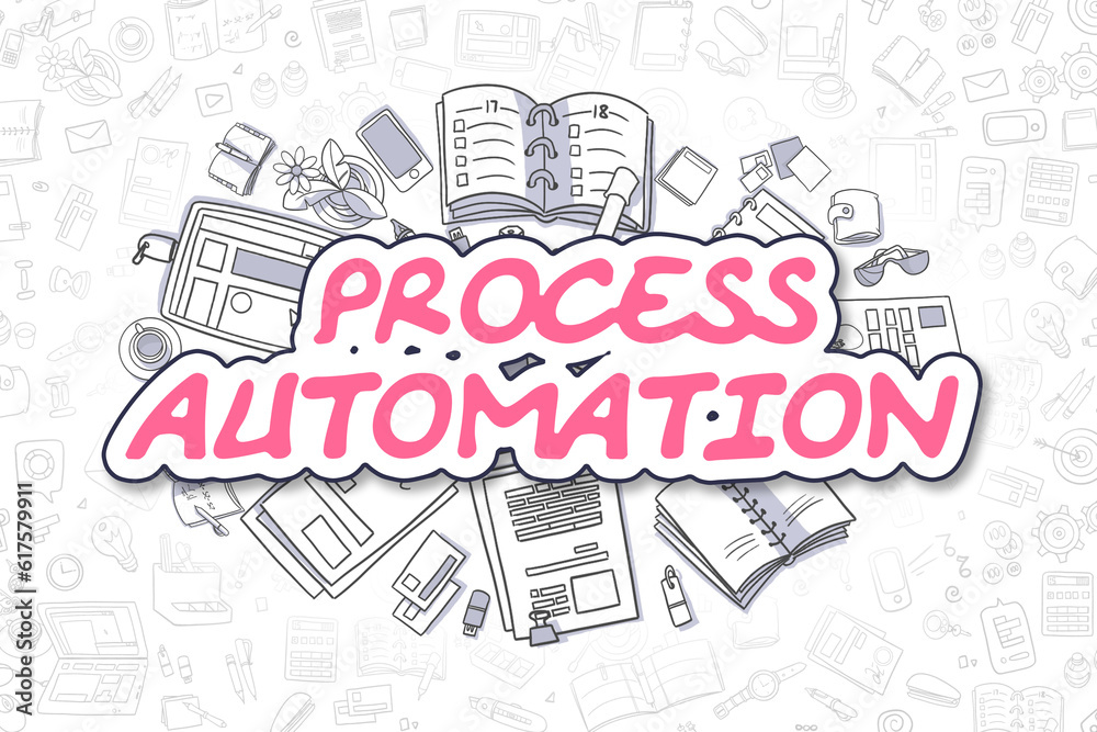 Process Automation Doodle Illustration of Magenta Text and Stationery Surrounded by Cartoon Icons. Business Concept for Web Banners and Printed Materials.