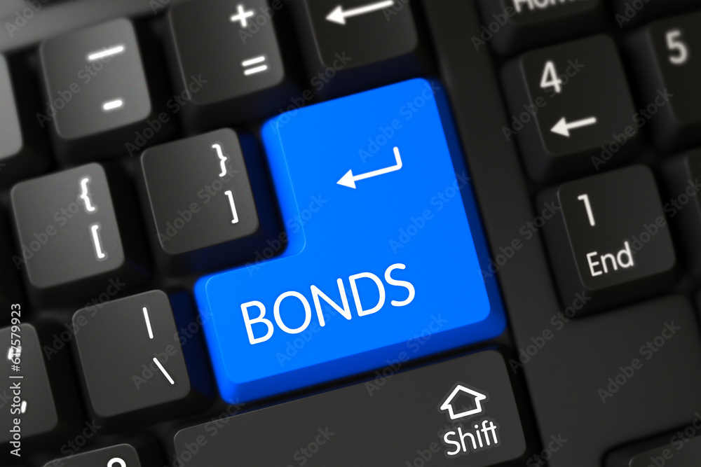Bonds Written on a Large Blue Keypad of a Modern Keyboard. 3D. Bonds Written on a Large Blue Keypad of a Modern Keyboard. 3D.