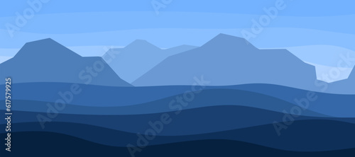 Vector landscape with Mountains  hills and blue sky. Dark blue beautiful natural scene. Minimal vector illustration for banner  poster  advertising and background.