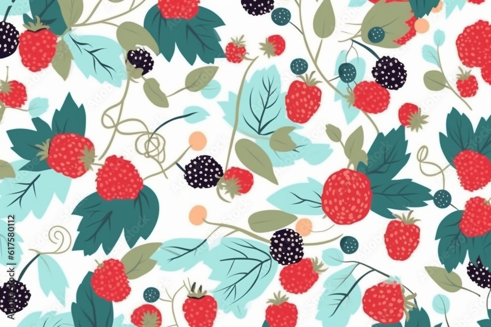 Raspberry and leaves pattern, in the style of anime aesthetic, clean and simple designs. Generative ai