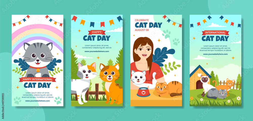 Cat Day Social Media Stories Flat Cartoon Hand Drawn Templates Background Illustration