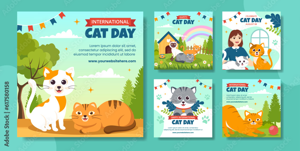 Cat Day Social Media Post Flat Cartoon Hand Drawn Templates Background Illustration