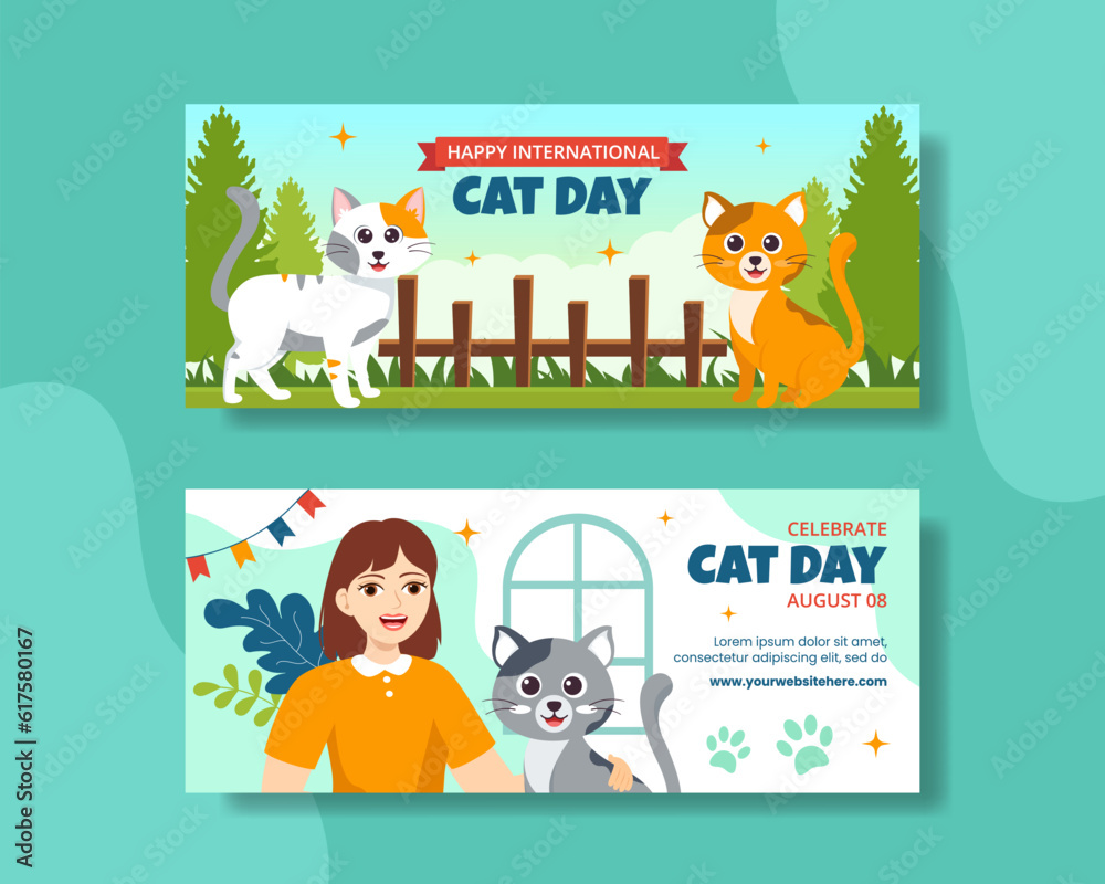 Fototapeta premium Cat Day Horizontal Banner Flat Cartoon Hand Drawn Templates Background Illustration