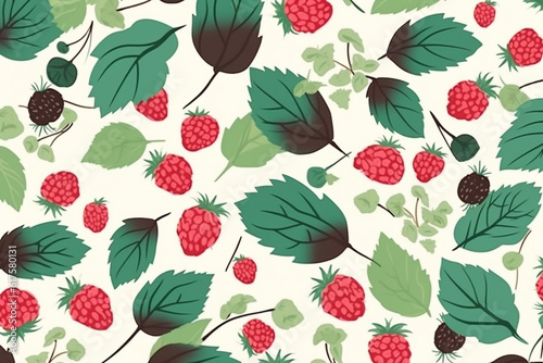 Raspberry and leaves pattern, in the style of anime aesthetic, clean and simple designs. Generative ai