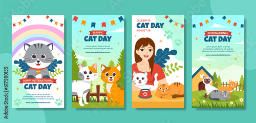 Cat Day Social Media Stories Flat Cartoon Hand Drawn Templates Background Illustration