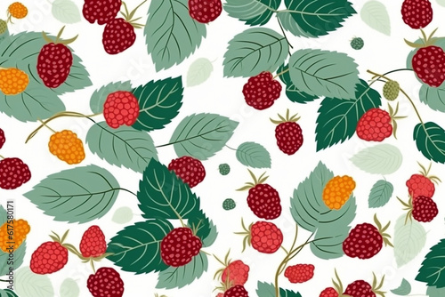 Raspberry and leaves pattern, in the style of anime aesthetic, clean and simple designs. Generative ai