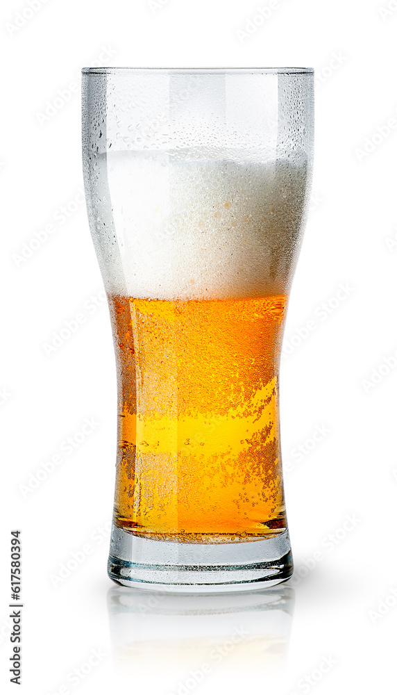 Half glass of light beer with foam isolated on white background Half glass of light beer with foam isolated on white background