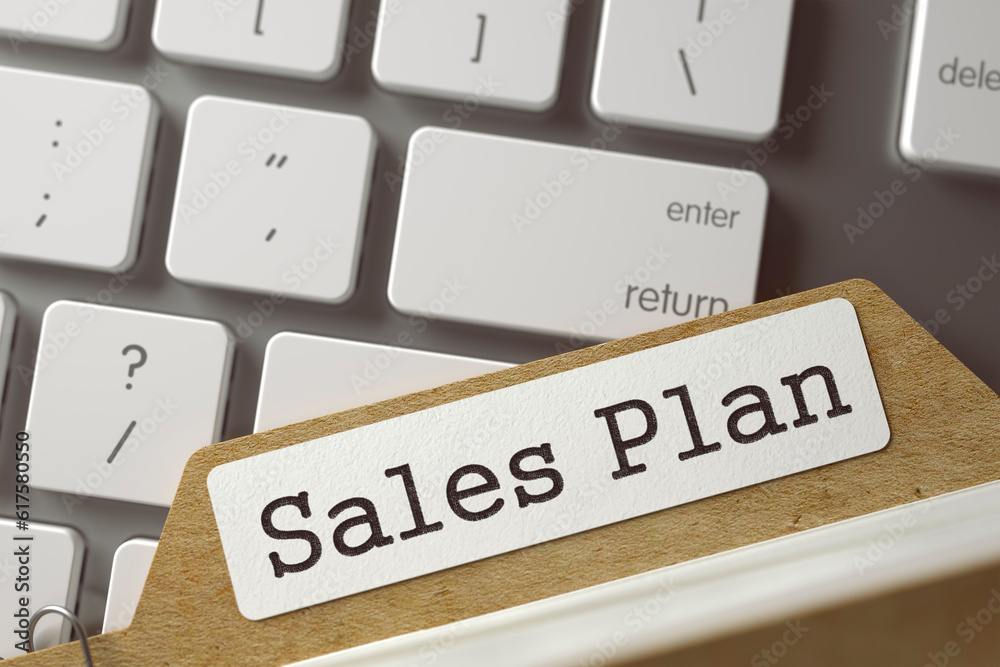 Sales Plan. Folder Index on Background of Modern Laptop Keyboard. Archive Concept. Closeup View. Selective Focus. Toned Image. 3D Rendering. Sales Plan. Folder Index on Background of Modern Laptop Keyboard. Archive Concept. Closeup View. Selective Focus. Toned Image. 3D Rendering.