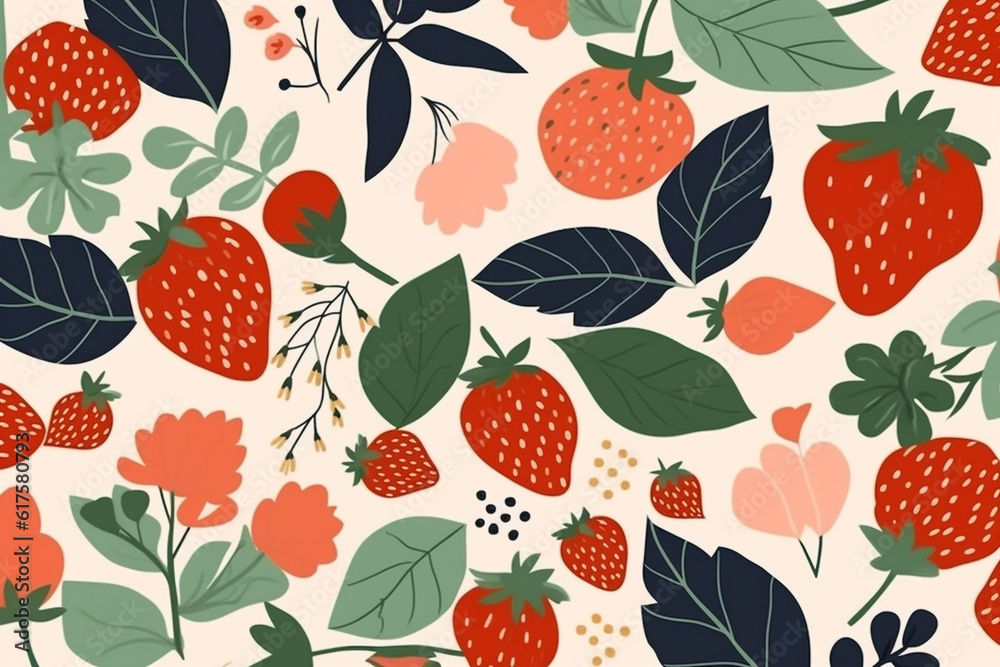 Strawberry and leaves pattern, in the style of anime aesthetic, clean and simple designs. Generative ai Strawberry and leaves pattern, in the style of anime aesthetic, clean and simple designs. Generative ai