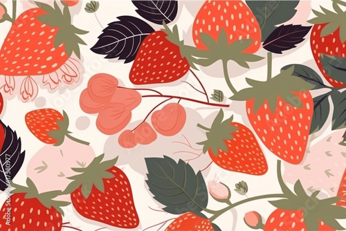 Strawberry and leaves pattern, in the style of anime aesthetic, clean and simple designs. Generative ai