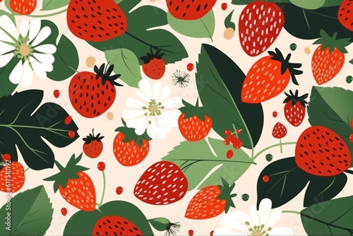 Strawberry and leaves pattern, in the style of anime aesthetic, clean and simple designs. Generative ai