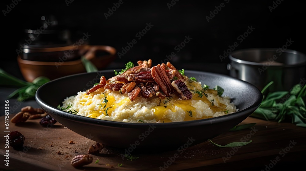 Close up grifts food with fruit toppings in ceramic bowl with blurred background Close up grifts food with fruit toppings in ceramic bowl with blurred background