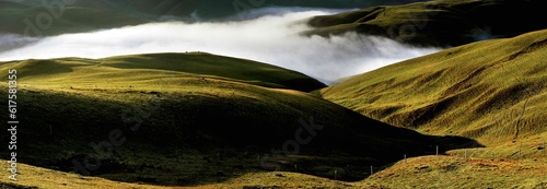 High elevation grassland on mountains with sea of clouds in early morning