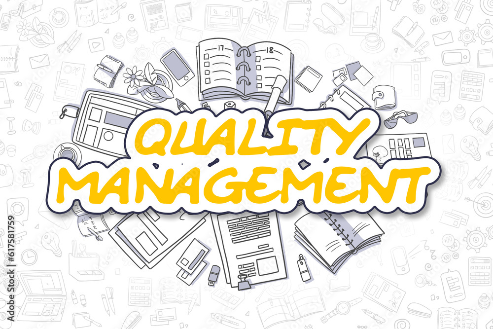 Quality Management - Hand Drawn Business Illustration with Business Doodles. Yellow Word - Quality Management - Cartoon Business Concept.