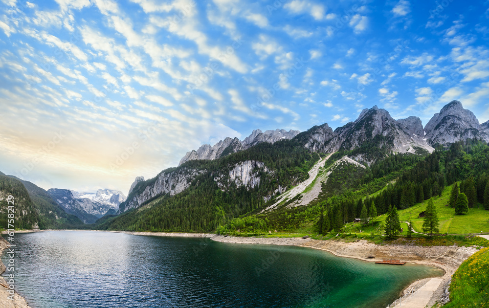 Beautiful summer Alpine lake Gosausee sunset view (Austria). Two shots stitch panorama. Beautiful summer Alpine lake Gosausee sunset view (Austria). Two shots stitch panorama.
