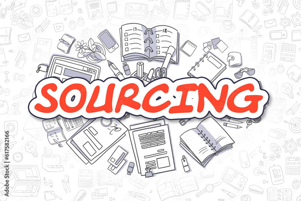 Sourcing - Sketch Business Illustration. Red Hand Drawn Word Sourcing Surrounded by Stationery. Cartoon Design Elements.