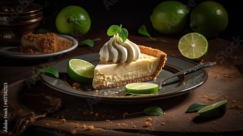 close up sweet lime pie with sliced lime fruit blur background