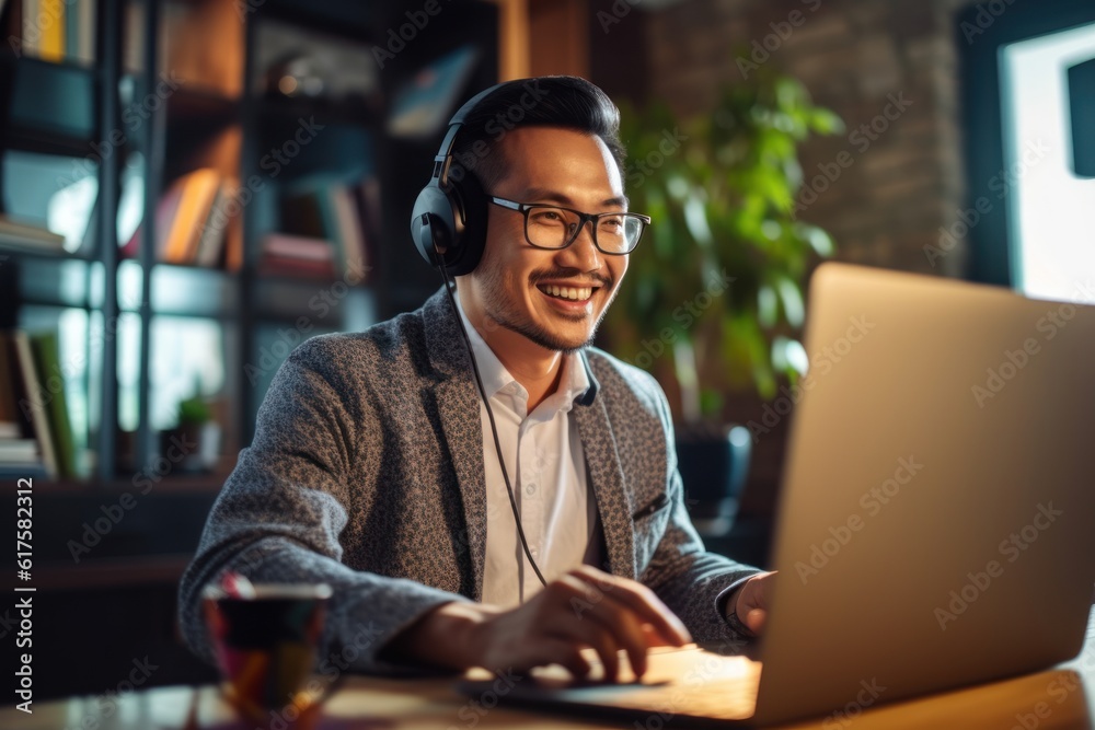Asian businessman talking with team of colleagues in video conference Write a note in a book with a smiling face. Man using laptop computer and headphones for online meeting Asian businessman talking with team of colleagues in video conference Write a note in a book with a smiling face. Man using laptop computer and headphones for online meeting