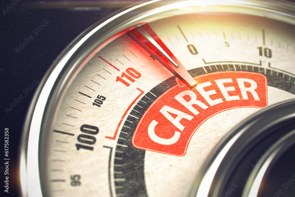 Metal Balance with Red Punchline Reach the Career. Illustration with Depth of Field Effect. Career Rate Conceptual Speedmeter with Message on Red Label. Business Concept. 3D. Metal Balance with Red Punchline Reach the Career. Illustration with Depth of Field Effect. Career Rate Conceptual Speedmeter with Message on Red Label. Business Concept. 3D.