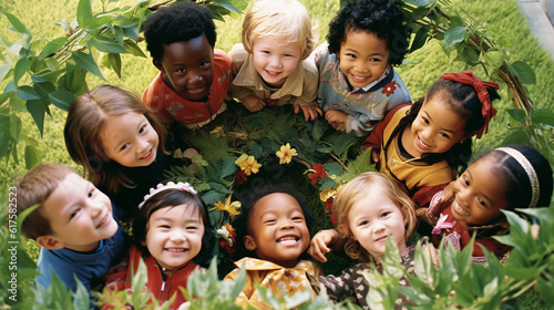 Generative AI image of multiracial friends radiating joy while having fun in the garden, embracing diversity, laughter, and the boundless spirit of friendship amidst nature's beauty.