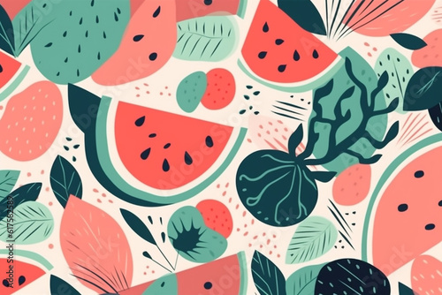 watermelon and leaves pattern, in the style of anime aesthetic, clean and simple designs. Generative ai