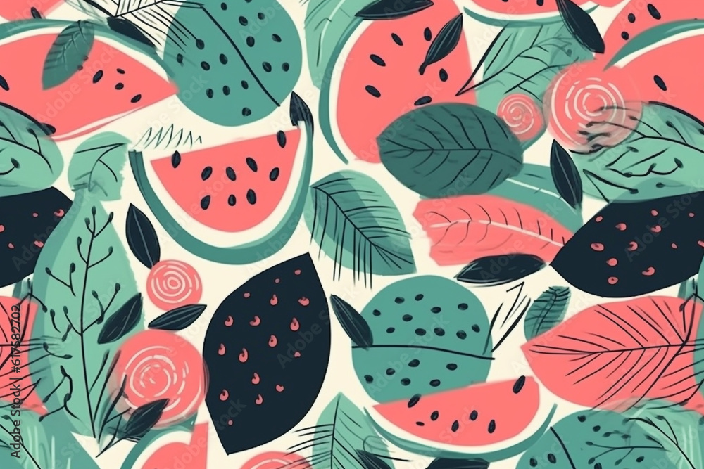 watermelon and leaves pattern, in the style of anime aesthetic, clean and simple designs. Generative ai watermelon and leaves pattern, in the style of anime aesthetic, clean and simple designs. Generative ai