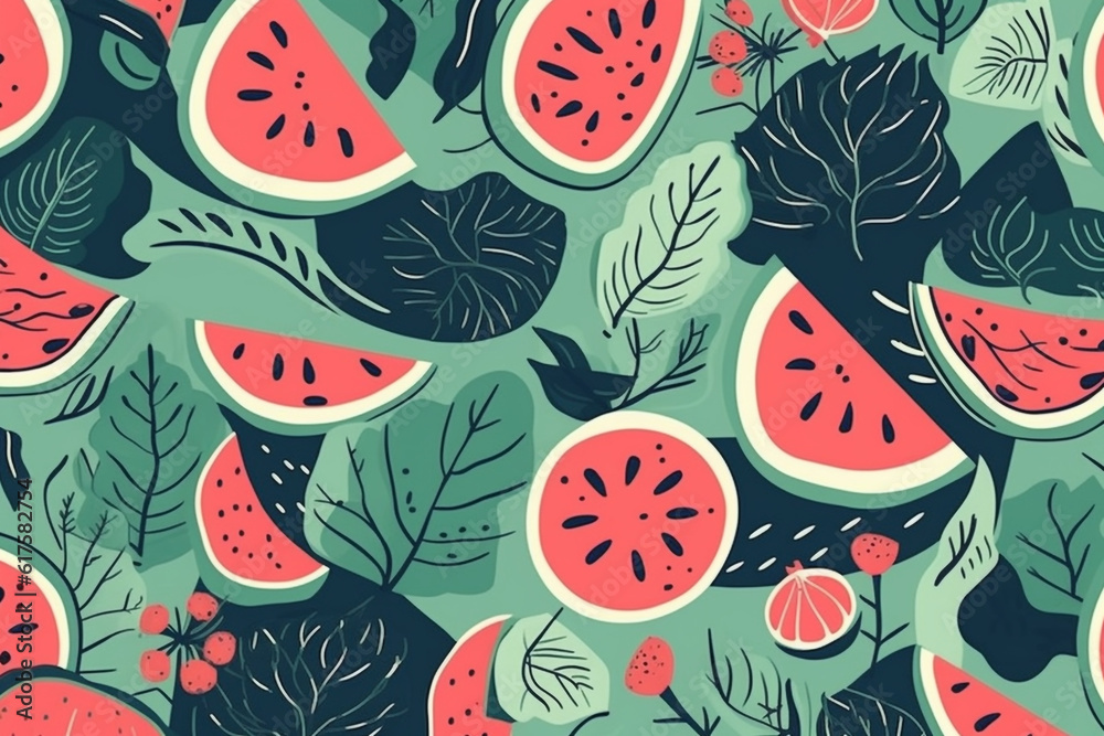 watermelon and leaves pattern, in the style of anime aesthetic, clean and simple designs. Generative ai watermelon and leaves pattern, in the style of anime aesthetic, clean and simple designs. Generative ai