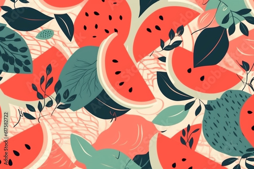 watermelon and leaves pattern, in the style of anime aesthetic, clean and simple designs. Generative ai