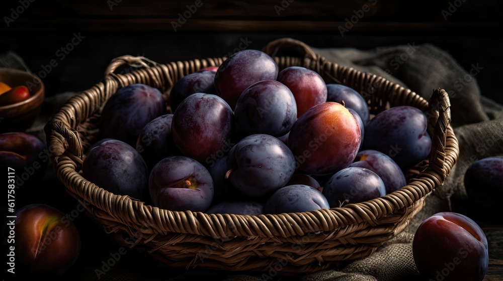 Obraz premium Closeup Fresh Plum Fruits in a bamboo basket with blur background