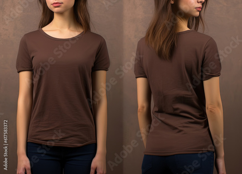 Photo realistic female brown t-shirts with copy space, front, and back view