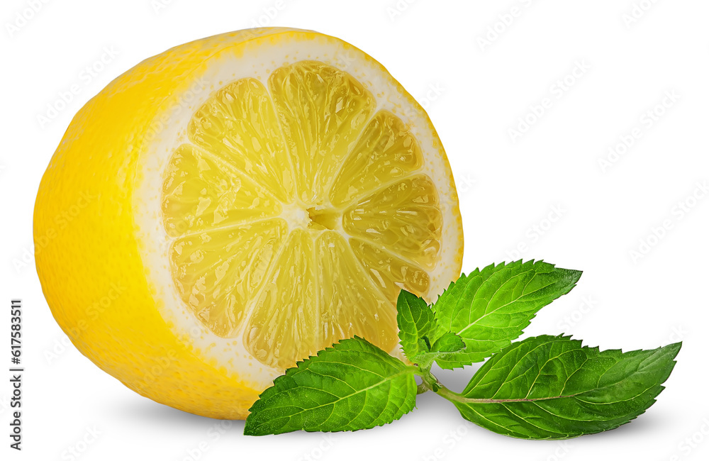 Half lemon and sprig of mint isolated on white background
