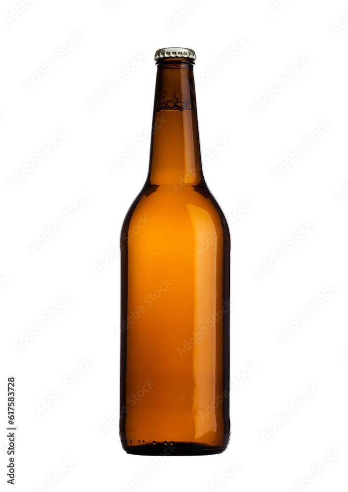 Brown glass beer bottle with yellow cap isolated on white Brown glass beer bottle with yellow cap isolated on white