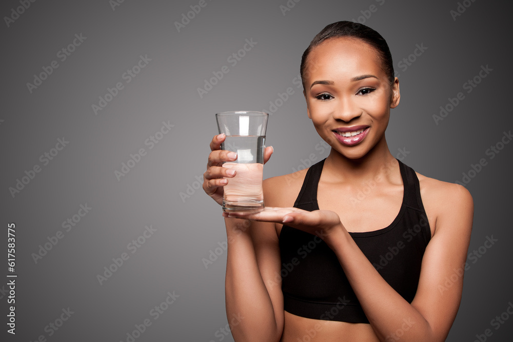 Beautiful happy smiling healthy black asian woman with glass of water, skincare concept. Beautiful happy smiling healthy black asian woman with glass of water, skincare concept.