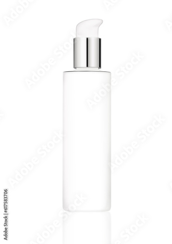 Container with cosmetics skin care body white cream on white background with reflection