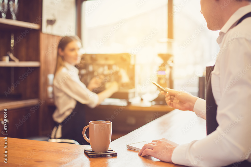 Professional barista. Young woman in apron working at bar counter with coffee machine. Man taking order Professional barista. Young woman in apron working at bar counter with coffee machine. Man taking order