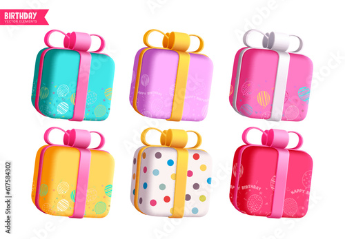 Birthday gifts elements vector set design. Colorful gift box collection for birthday, anniversary and valentines celebration elements. Vector illustration objects isolated in white. 